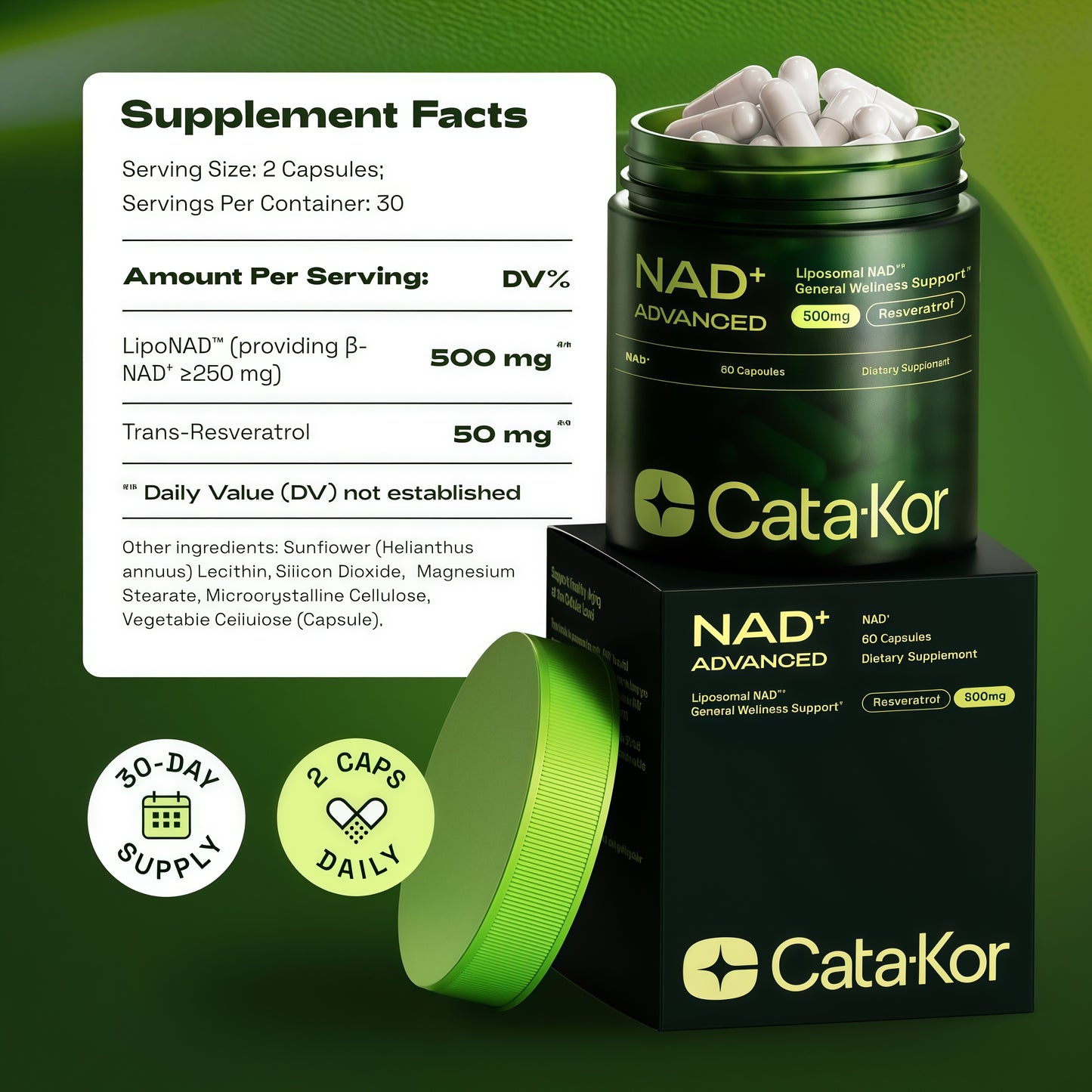 Cata-Kor NAD+ Advanced | Liposomal NAD+ Supplement | With Resveratrol | NMN Supplement Alternative | Third-Party Tested | 500mg | 60 Capsules | Advanced NAD Resveratrol | Supplement Facts