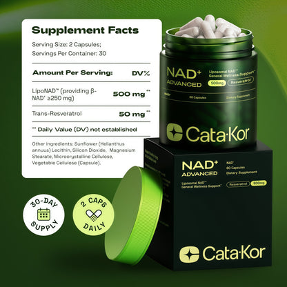 Cata-Kor NAD+ Advanced | Liposomal NAD+ Supplement | With Resveratrol | NMN Supplement Alternative | Third-Party Tested | 500mg | 60 Capsules | Advanced NAD Resveratrol | Supplement Facts