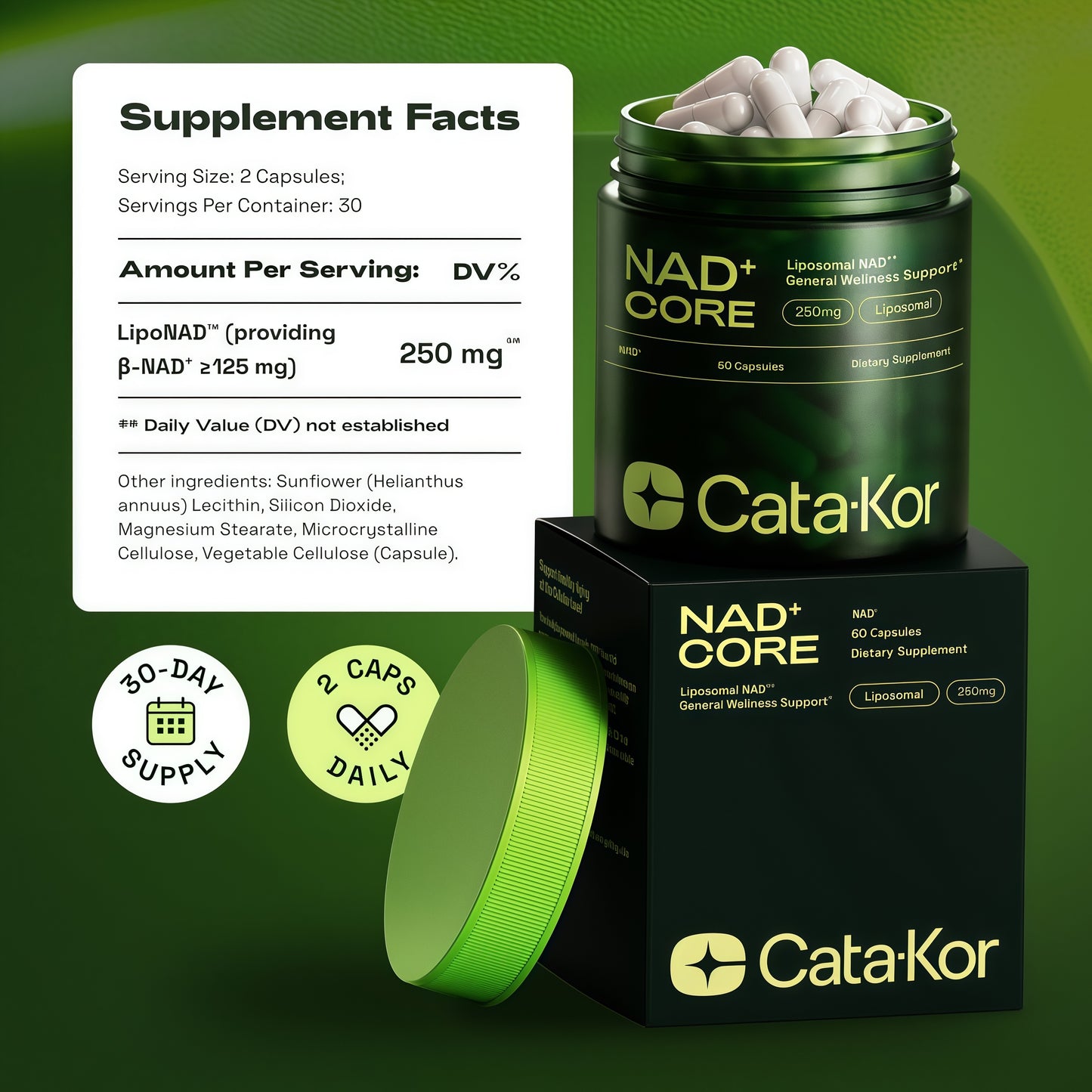 Cata-Kor NAD+ Core | Liposomal NAD+ Supplement | NMN Supplement Alternative | Third-Party Tested | NAD Core | 250mg | 60 Capsules | 30-Day Supply | Supplement Facts