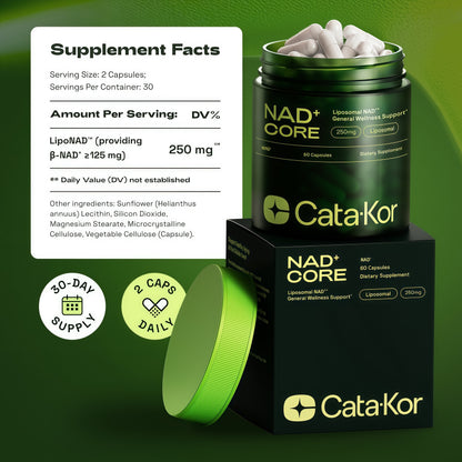Cata-Kor NAD+ Core | Liposomal NAD+ Supplement | NMN Supplement Alternative | Third-Party Tested | NAD Core | 250mg | 60 Capsules | 30-Day Supply | Supplement Facts
