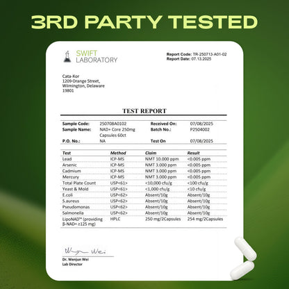 Cata-Kor NAD+ Core | Liposomal NAD+ Supplement | NMN Supplement Alternative | Third-Party Tested | NAD Core | 250mg | 60 Capsules | 30-Day Supply | Supplement Facts